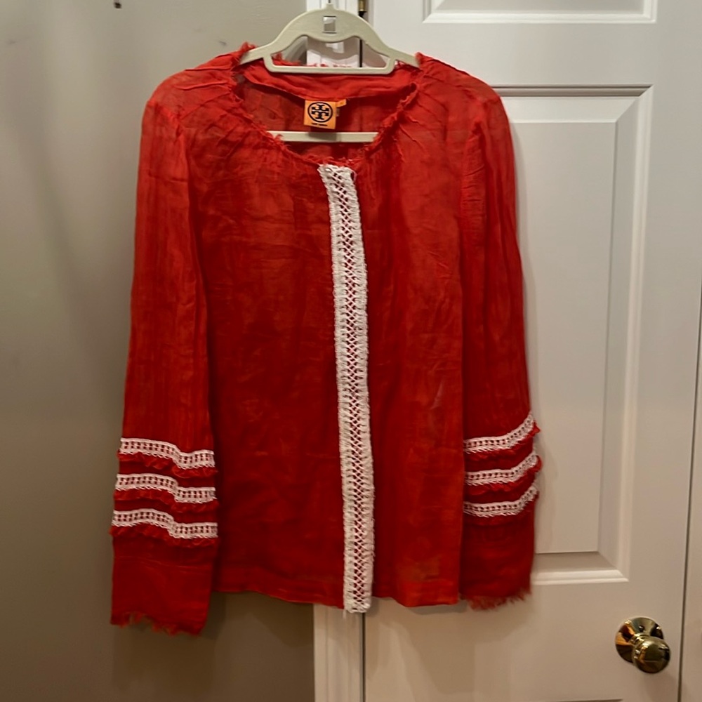 Tory Burch crisp linen blouse with intricate sleeve detail